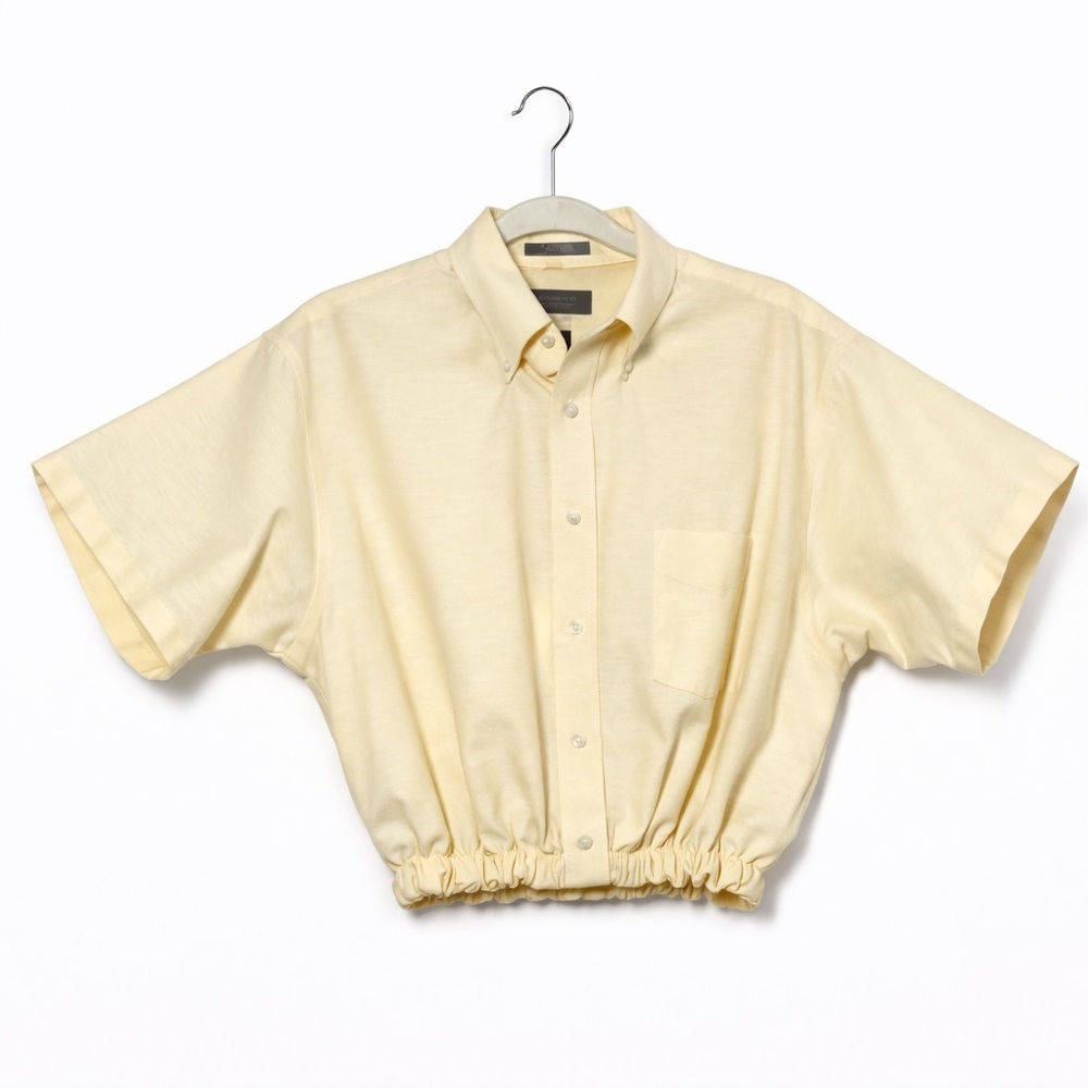 Women's Ruched Hem Crop Top Button Up Oversized Blouse Cream